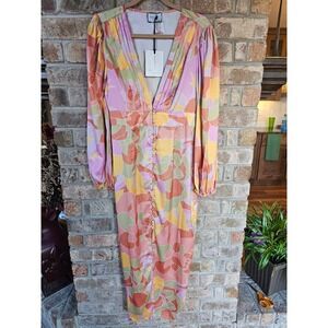 RNWY Sage Mindy Rapture Dress Multi Floral Print V Neck Button‎ Front Medium new